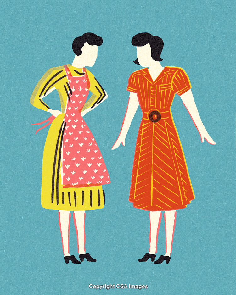 Retro Illustration of Women in Vintage Dresses Engaging in Conversation