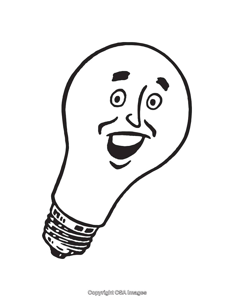 Black and White Cartoon Line Art of a Smiling Light Bulb