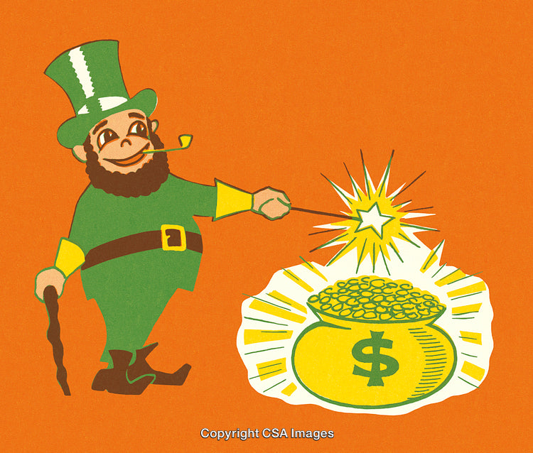 Cartoon Leprechaun Using Magic Wand with Gold Coins on Orange Background