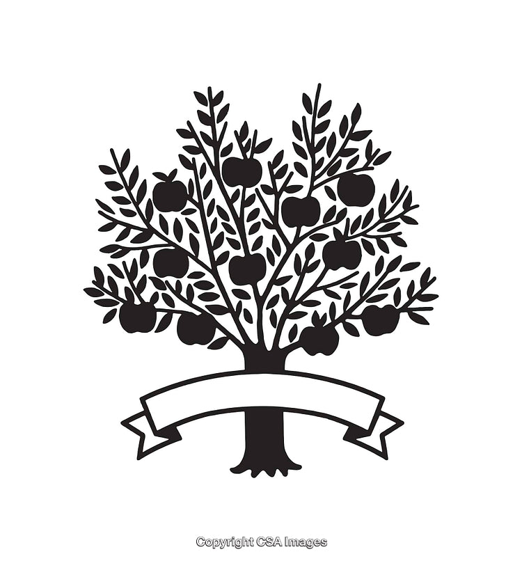Black and White Line Art Illustration of an Apple Tree with Banner