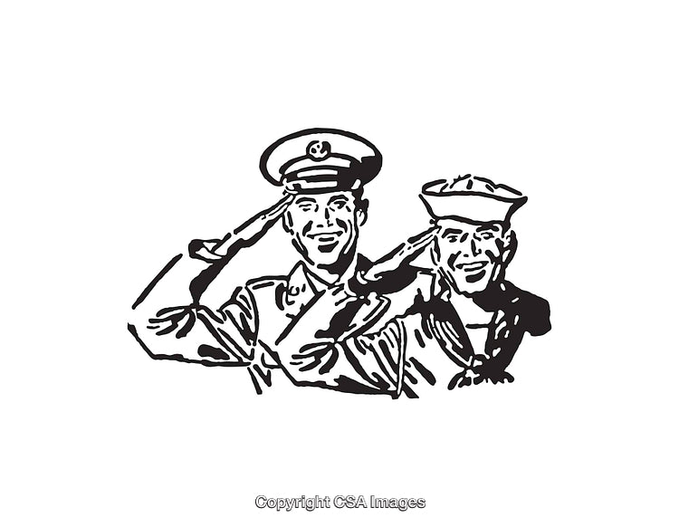 Black and White Line Art of Saluting Military Personnel in Uniform