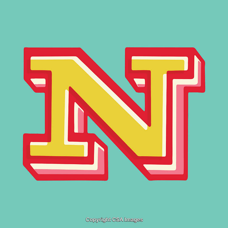 Stylized Yellow Letter N on Blue Background with Red Outline