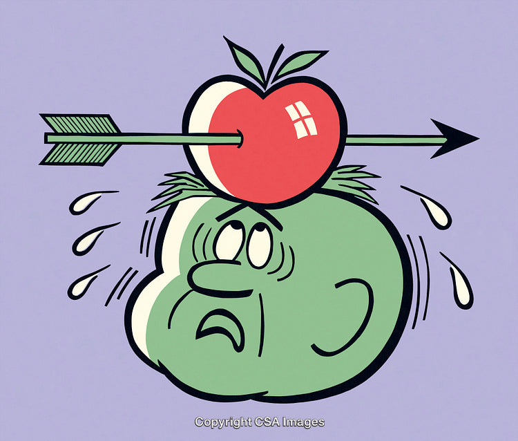 Cartoon Illustration of Nervous Character with Apple on Head Pierced by Arrow