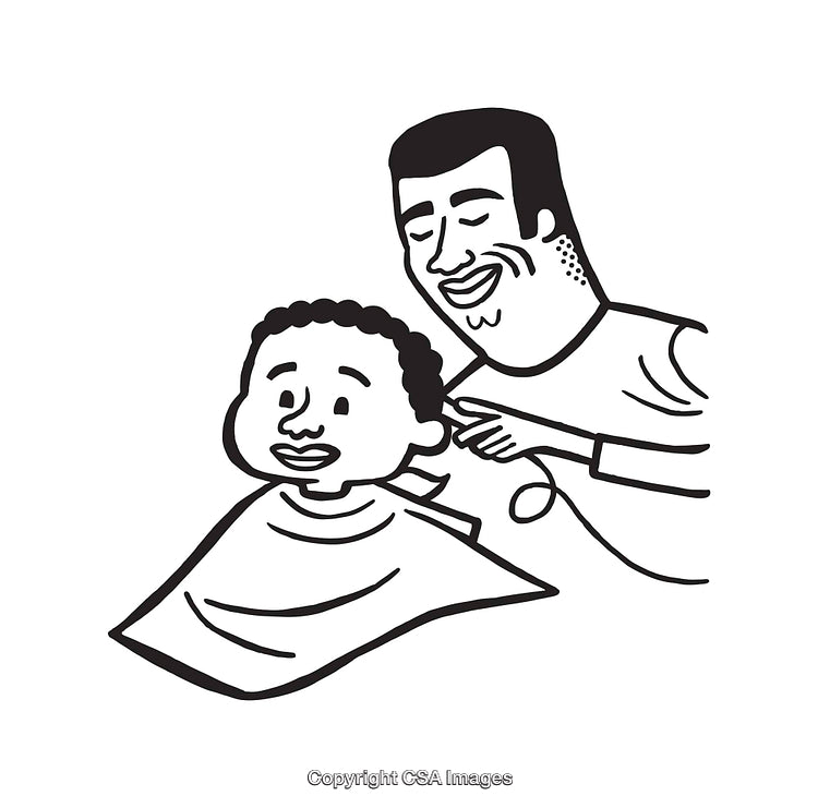 Black and White Line Art of Haircut Scene with Smiling Barber