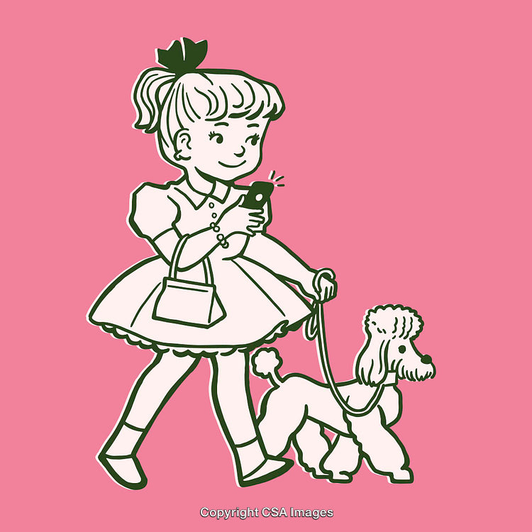 Retro Girl Walking Dog While Using Smartphone Line Art Illustration