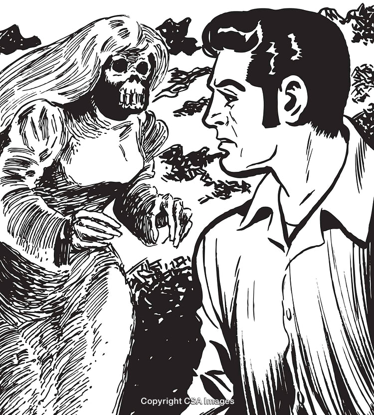 Dramatic Black-and-White Illustration Depicting a Man and a Skeleton Figure