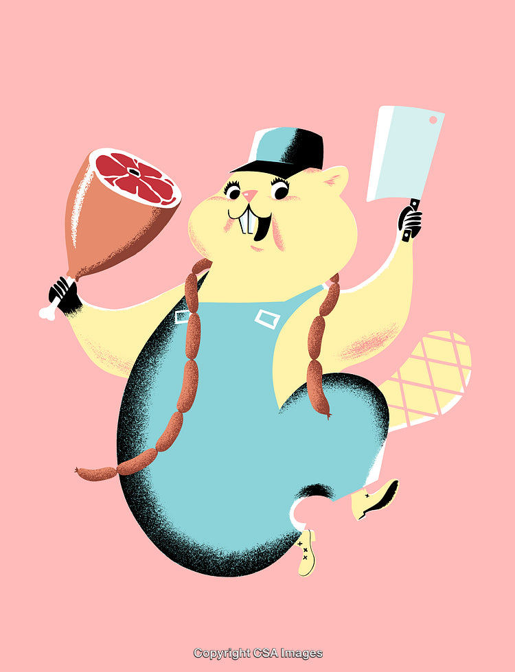 Cartoon Beaver Chef Holding Meat Products on Pink Background Illustration