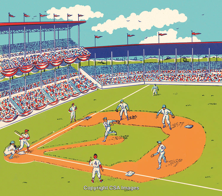Vintage Illustration of a Baseball Game in a Stadium Setting