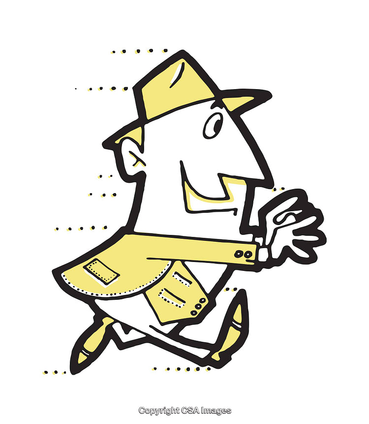 Cartoon Illustration of Running Businessman in Yellow Suit and Hat