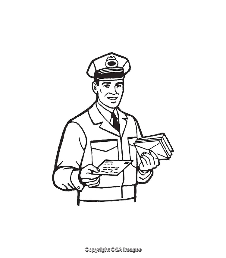 Black and White Line Art of a Postal Worker Holding Mail