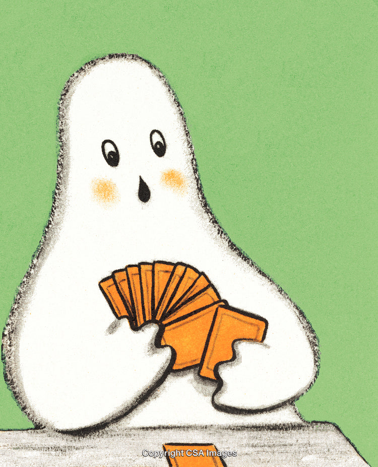 Cartoon Ghost Holding Cards on Bright Green Background Illustration