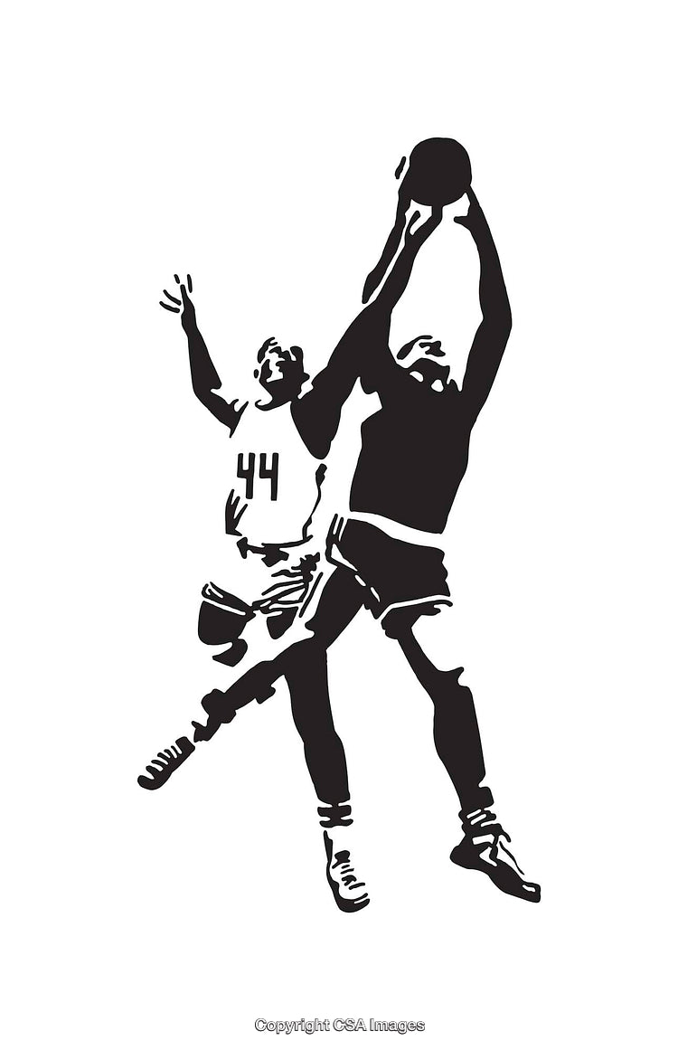 Dynamic Black and White Illustration of a Basketball Game Moment