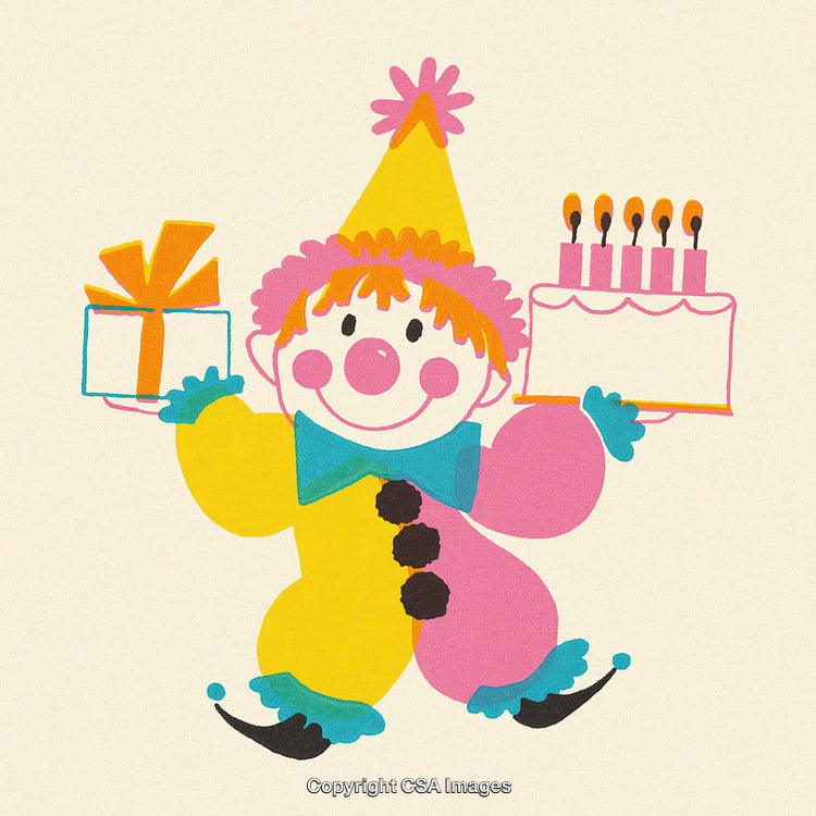 Whimsical Clown Holding Birthday Cake and Gift Illustration