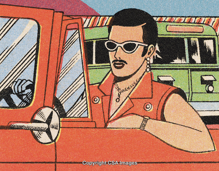 Retro Illustration of a Man Driving a Red Car with Cool Sunglasses