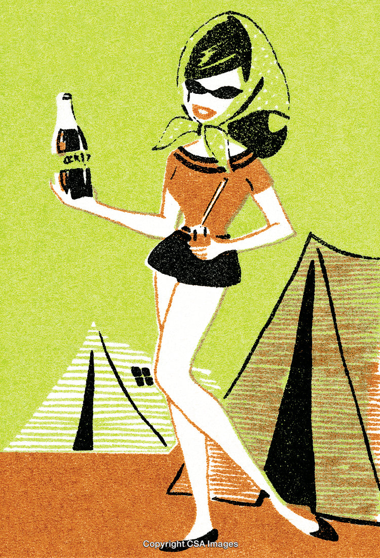 Retro Illustration of Fashionable Woman Enjoying a Beverage at a Campsite