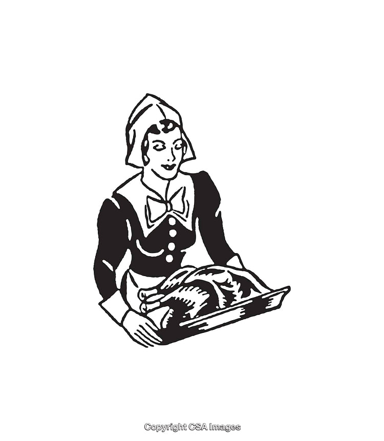 Vintage Style Illustration of Pilgrim Woman Holding a Roasted Turkey