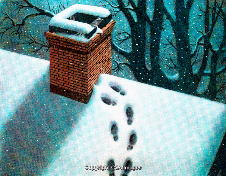 Footprints Leading to a Snow-Covered Brick Chimney on a Wintery Night