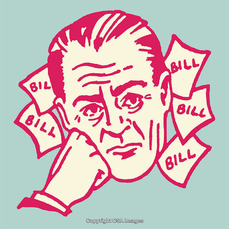 Retro Illustration of Frustrated Man Overwhelmed with Bills and Responsibilities