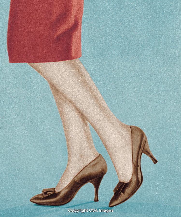 Fashionable High-Heeled Shoes with Red Skirt on a Blue Background
