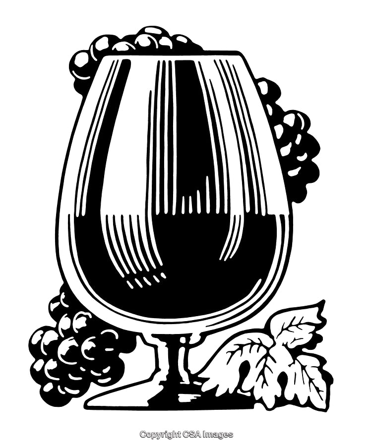Elegant Engraved Wine Glass with Grapes and Leaves in Black and White