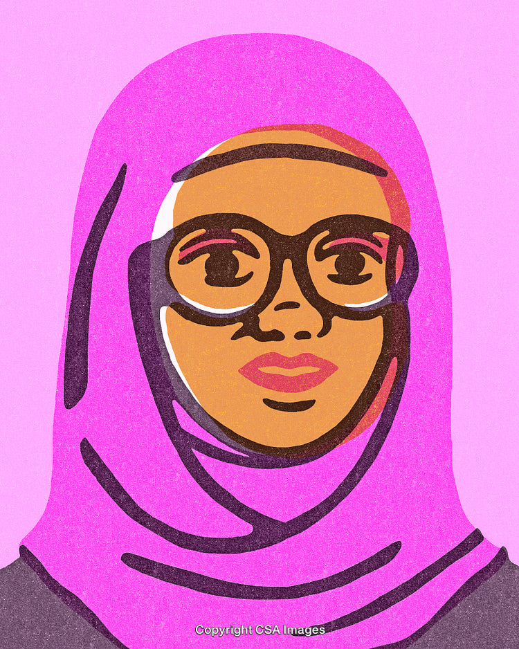 Colorful Portrait of a Woman in Glasses and Purple Hijab Illustration