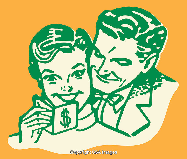 Retro Couple Illustration with Dollar Symbol in Line Art Style