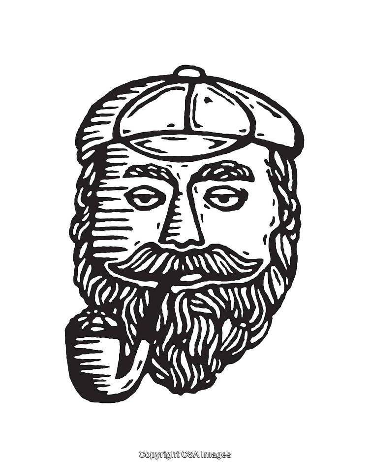 Vintage Line Art Illustration of a Bearded Man with Pipe and Cap