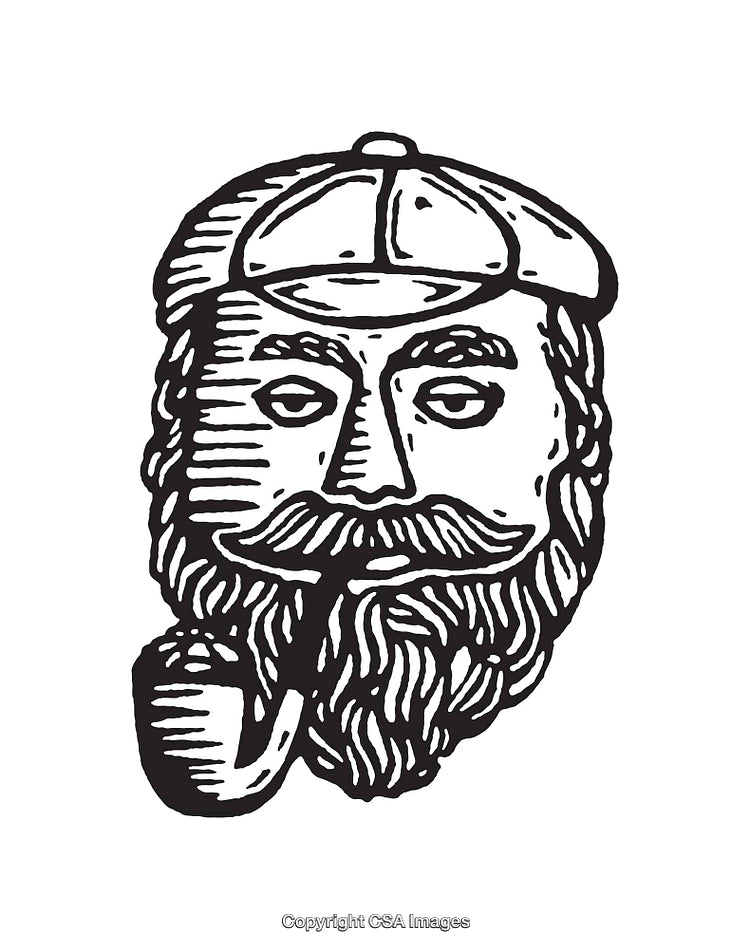 Vintage Line Art Illustration of a Bearded Man with Pipe and Cap