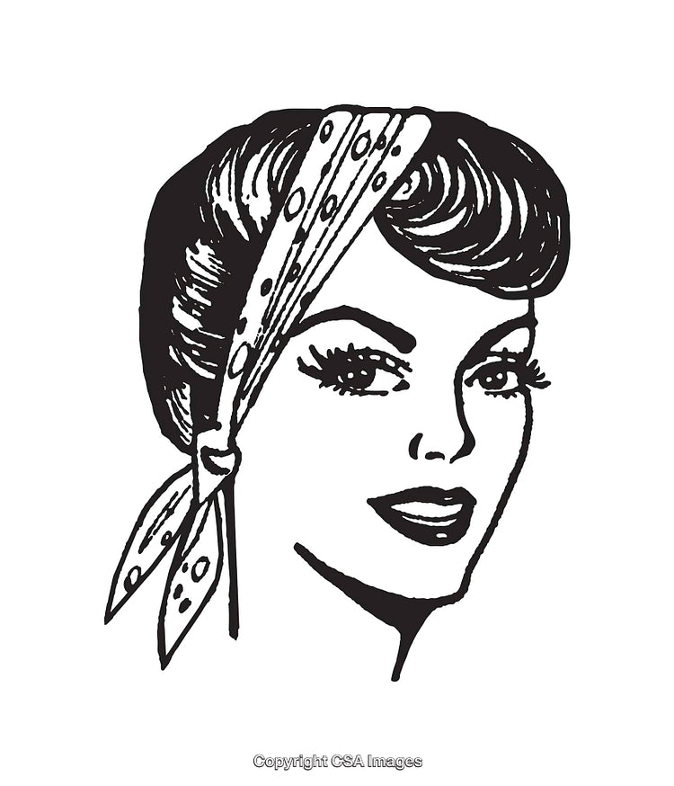 Vintage Black and White Line Art Illustration of a Woman with Headscarf