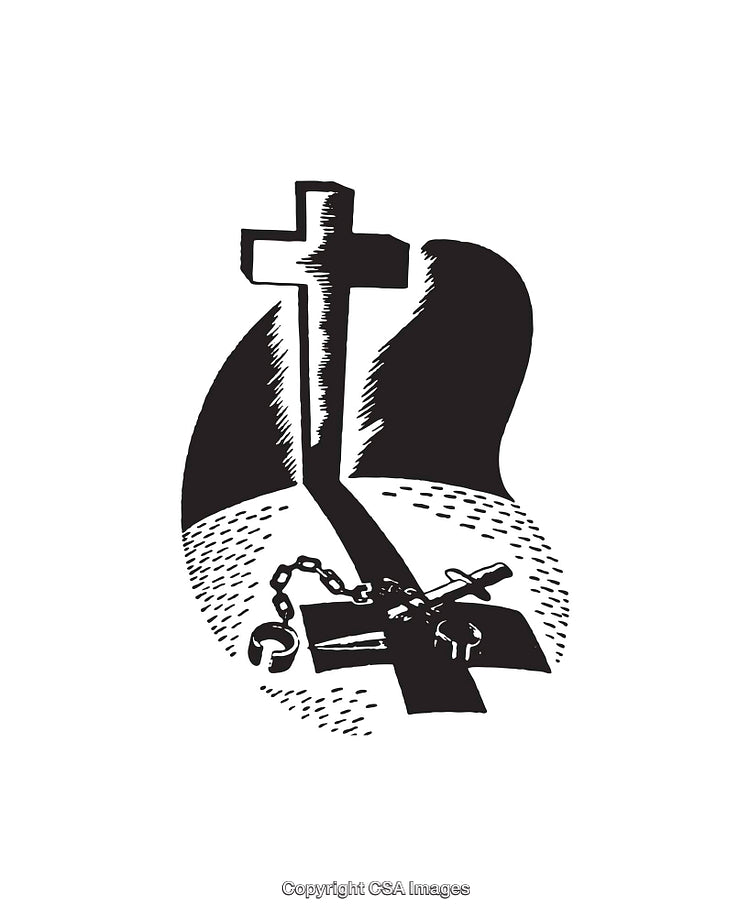 Black and White Illustration of Cross with Broken Shackles and Shadows