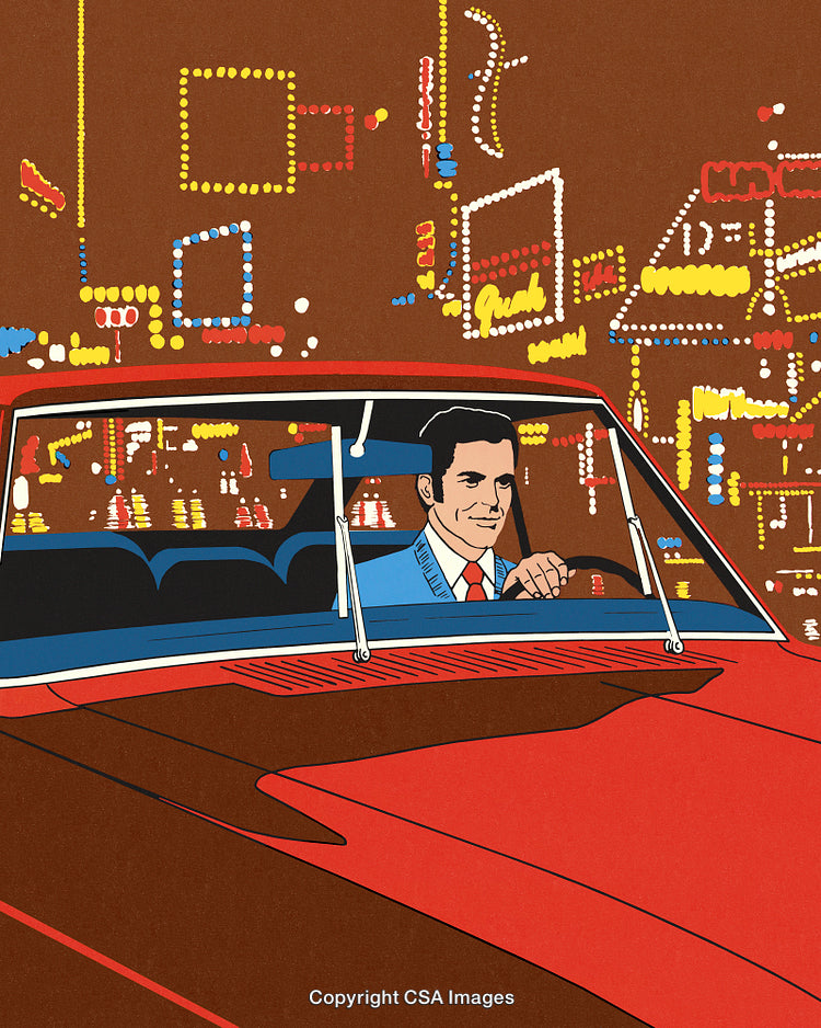 Man Driving a Convertible Under Colorful Neon City Lights at Night