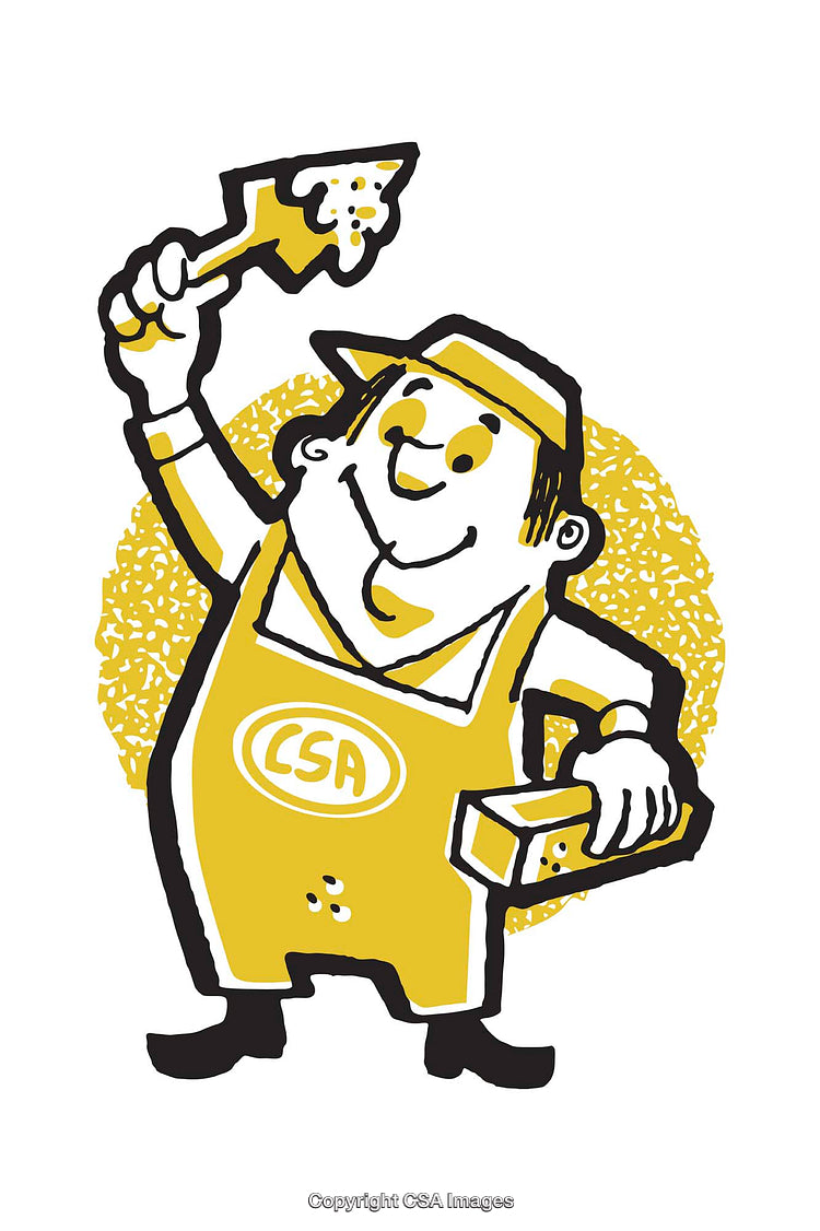 Cheerful Worker in Apron Holding Brick and Trowel Cartoon Illustration