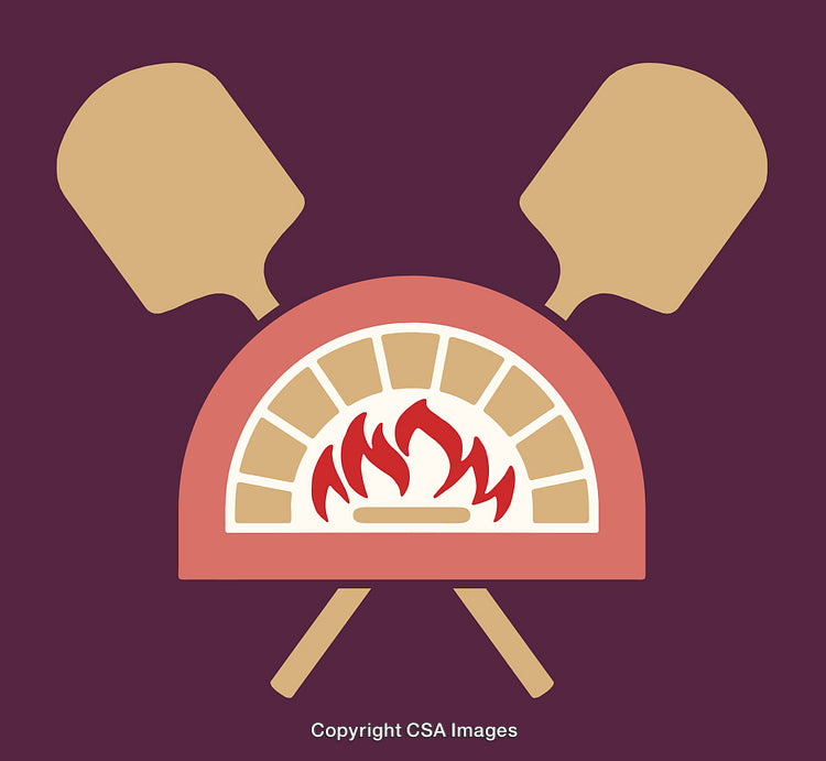 Pizza Oven Icon with Flames and Paddles in Illustrated Style