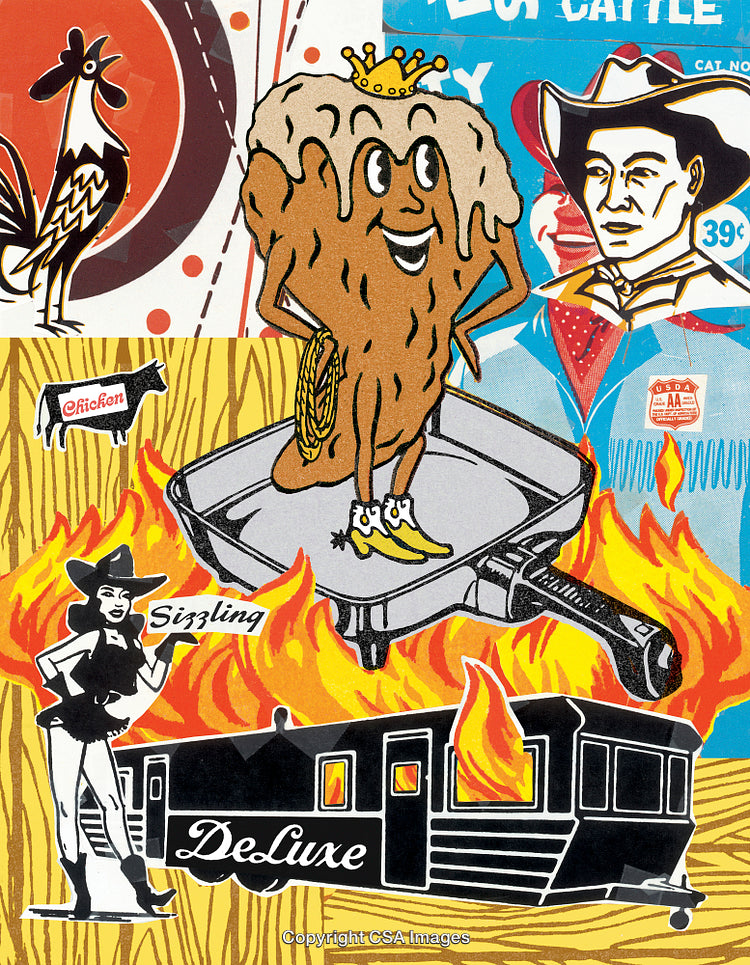 Retro Western Food Illustration With Flaming Grill and Cartoon Character