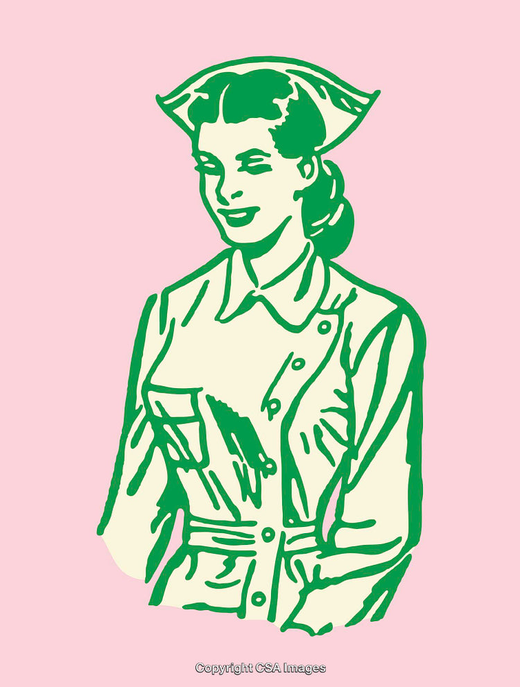 Vintage Line Art of a Smiling Nurse on Pink Background