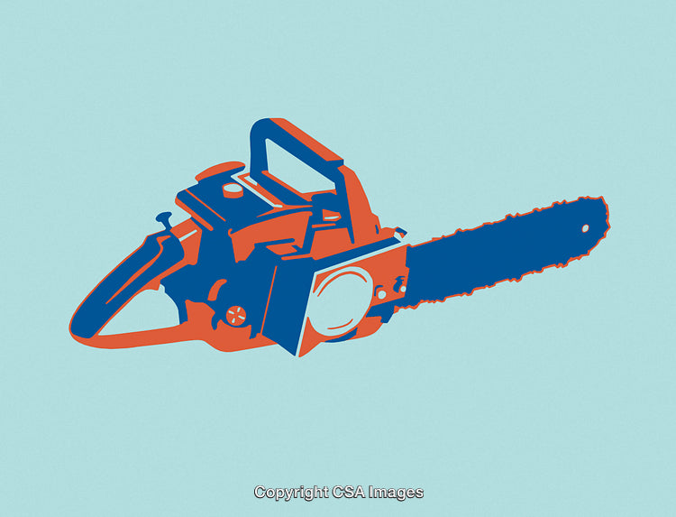 Stylized Illustration of a Chainsaw in Red and Blue Tone Design