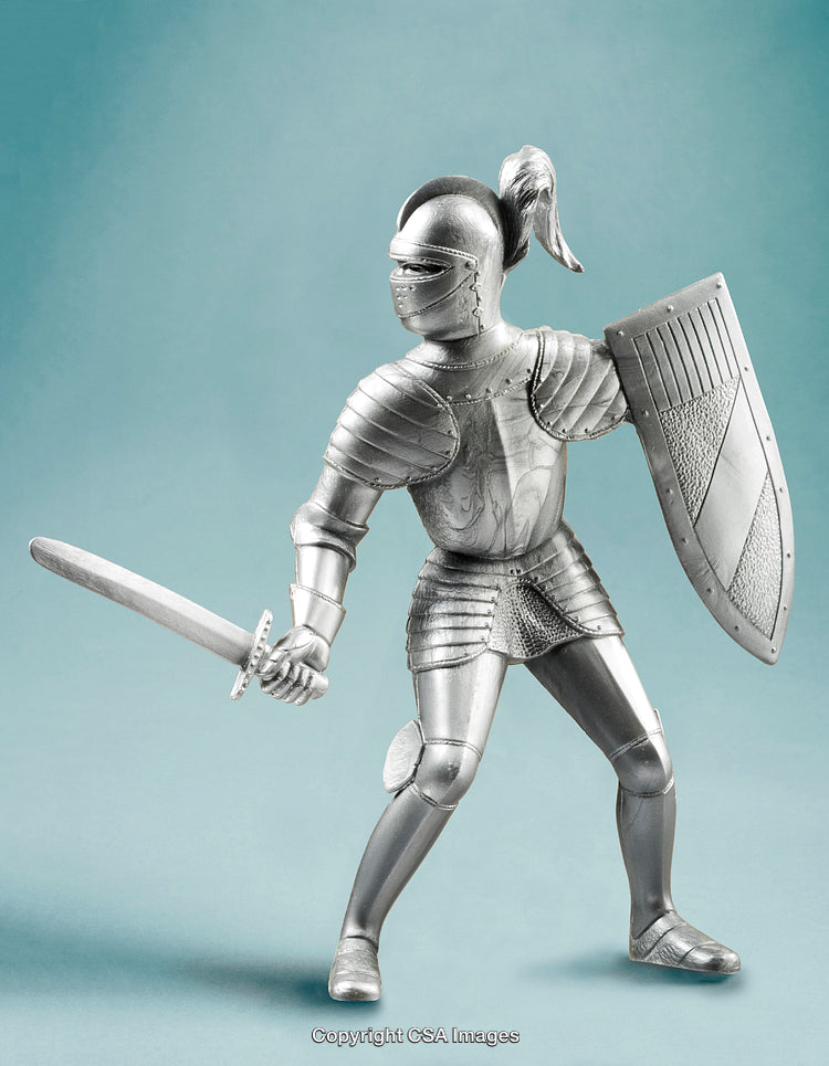 Knight in Silver Armor Holding Sword and Shield on Blue Background