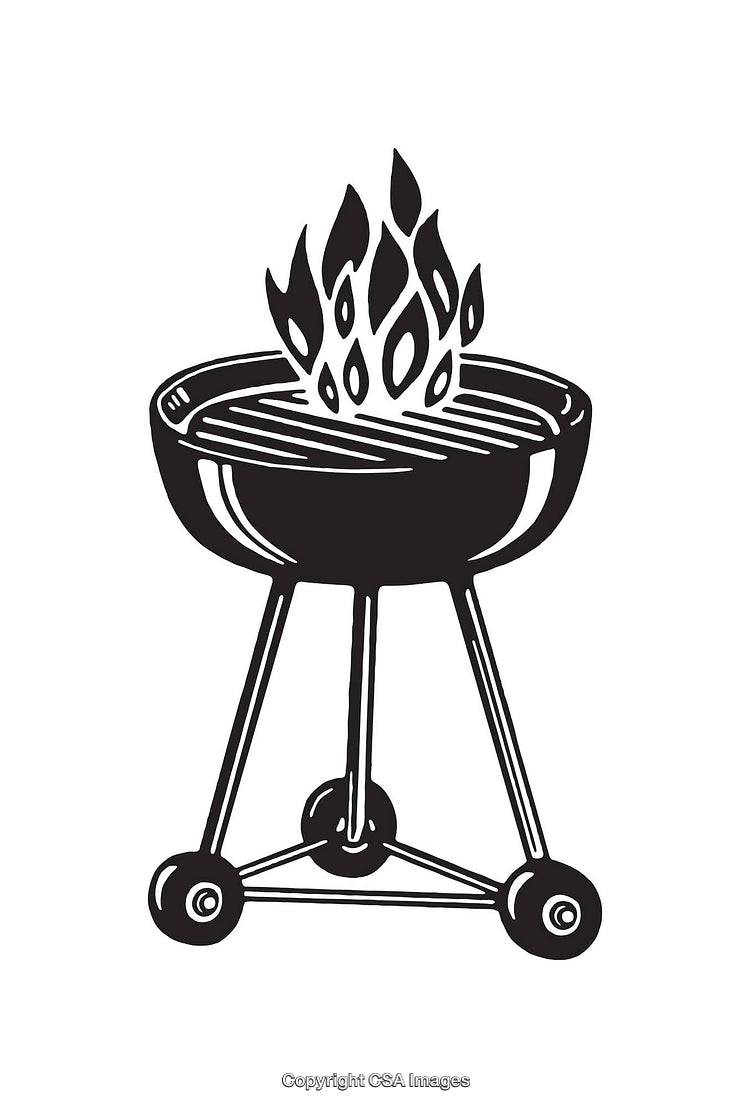 Black And White Line Art Illustration of a Barbecue Grill with Fire