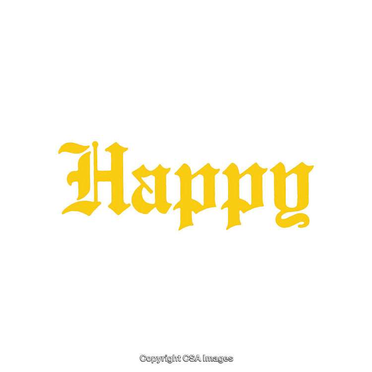 Yellow 'Happy' Text in Decorative Font on White Background