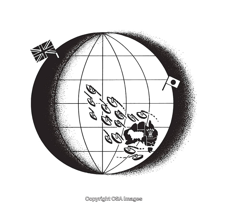 Black and White World Map Illustration with Flags and Arrows