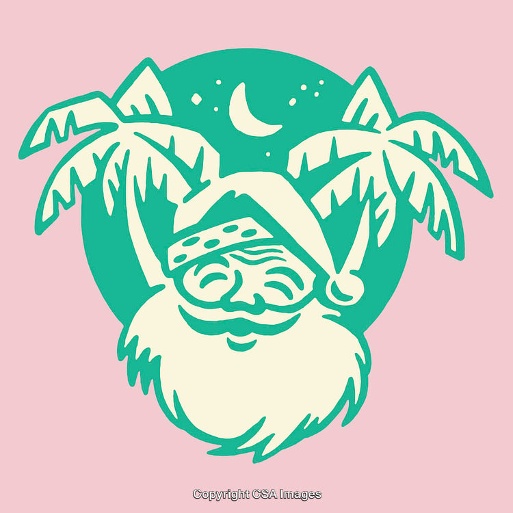 Santa Claus in Tropical Scene with Palm Trees and Crescent Moon