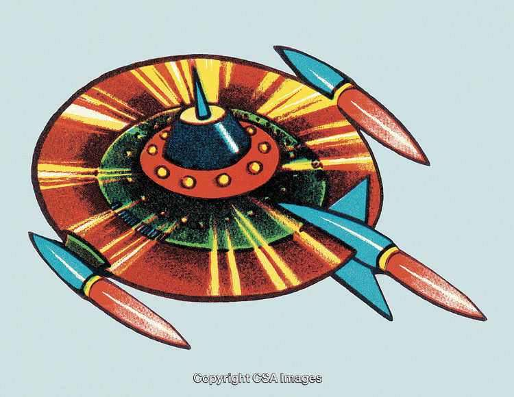 Colorful Retro Spaceship Illustration with Vintage Design and Sci-Fi Elements