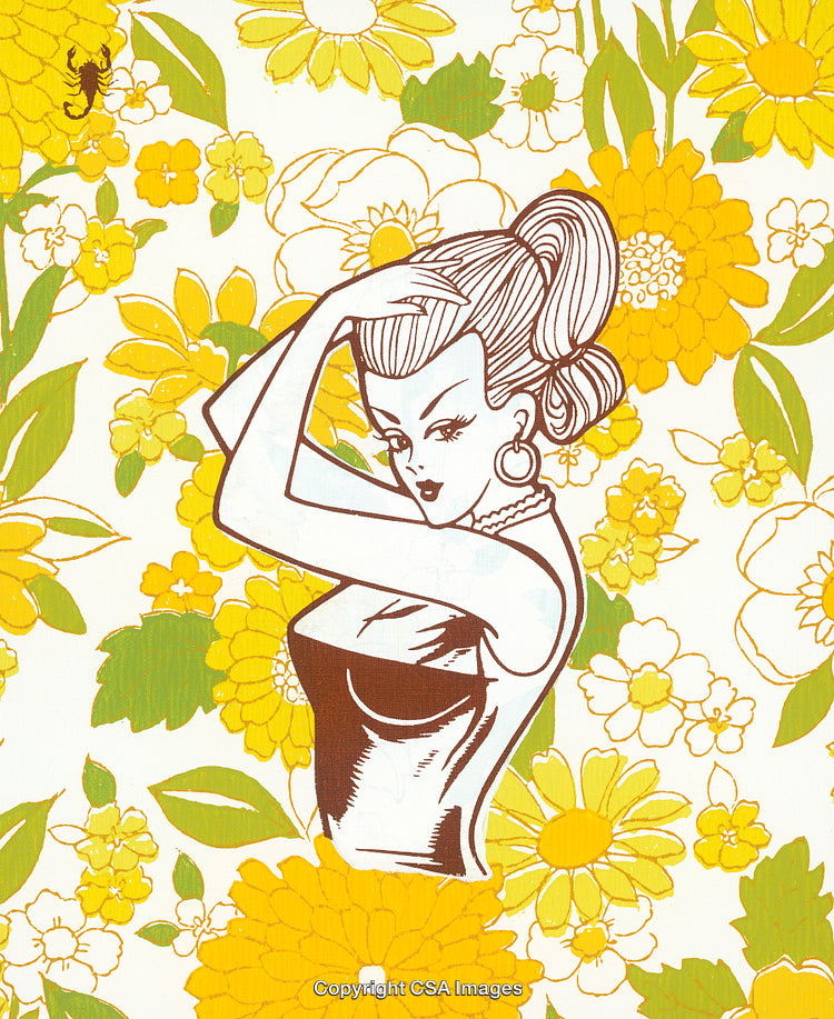 Retro Illustration of a Woman Amidst Yellow Floral Backdrop with a Scorpion