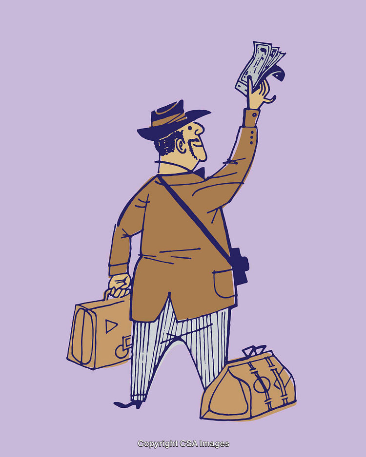 Retro Style Illustration of a Joyful Traveler Carrying Luggage and Cash