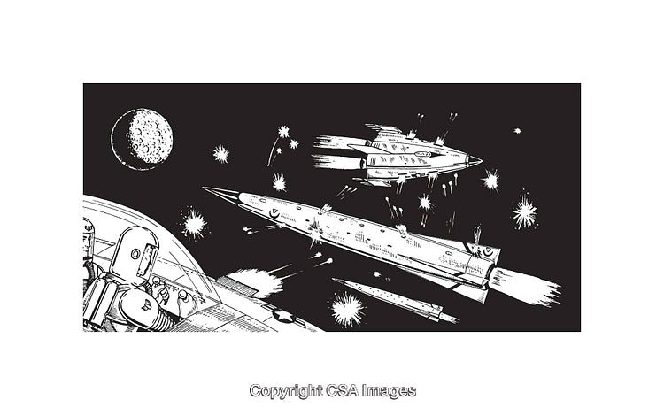 Retro Black and White Spacecraft Battle Line Art Illustration