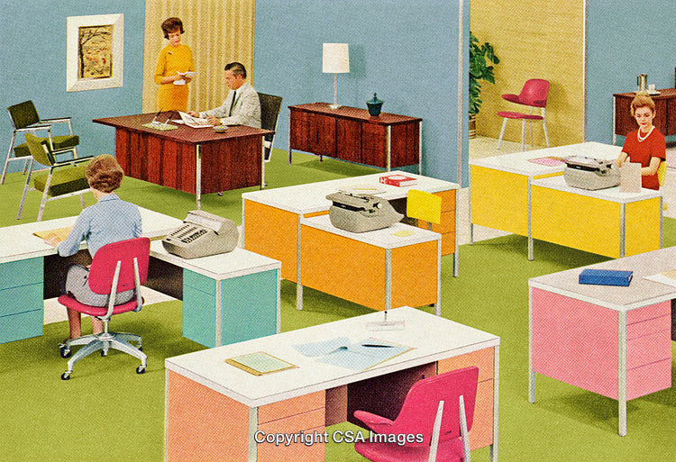 Retro Style Office Scene Featuring Colorful Furniture and Professional Ambience