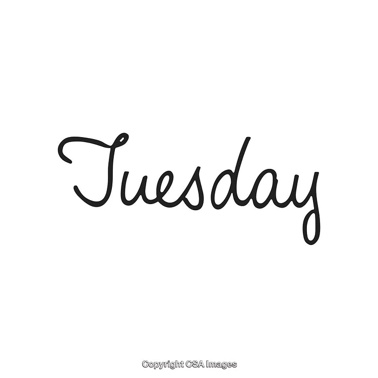 Elegant Black Script Illustration of the Word Tuesday on White Background