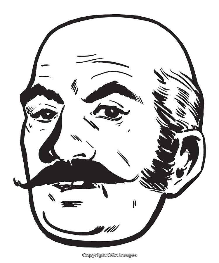 Retro Styled Illustration of a Mustached Bald Gentleman in Black and White