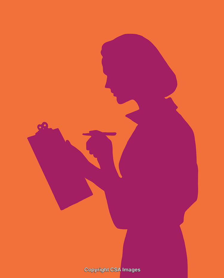 Silhouette of a Woman Writing on a Clipboard in Bold Colors