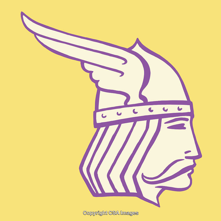 Viking Helmet Illustration in Vibrant Purple and Yellow Colors